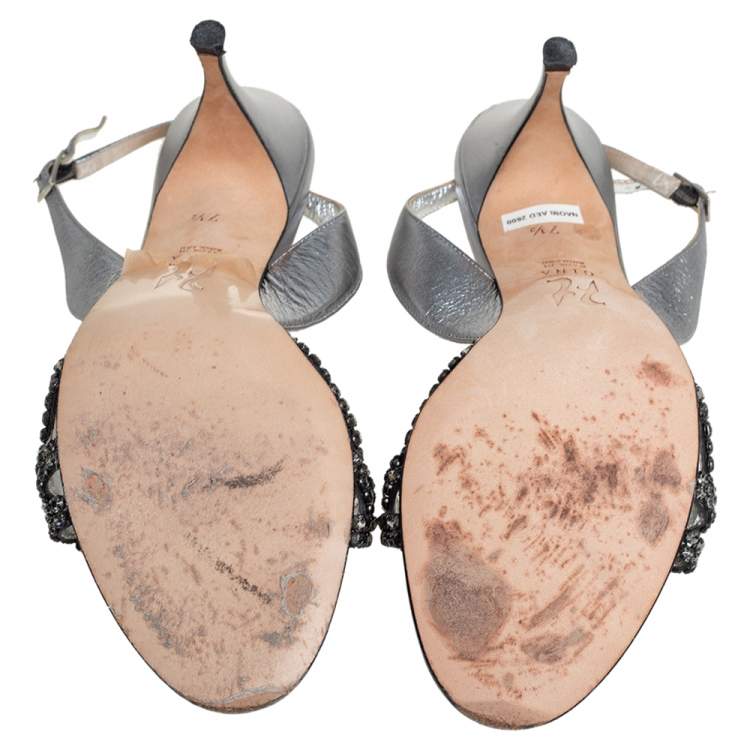 Pre Owned Gina Metallic Sliver Leather Crystal Embellished Slingback Sandals Size 40.5