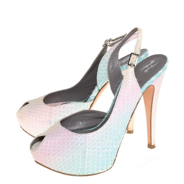 Pre Owned Gina Multicolor Python Leather Peep Toe Slingback Sandals Size 38.5