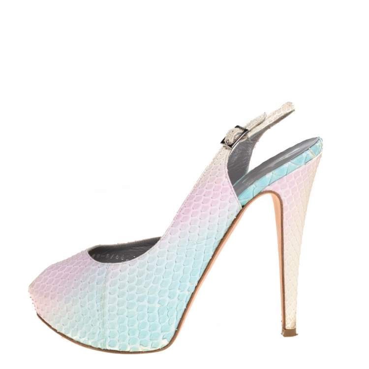 Pre Owned Gina Multicolor Python Leather Peep Toe Slingback Sandals Size 38.5