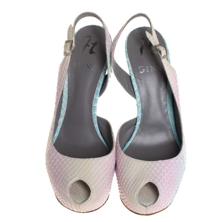Pre Owned Gina Multicolor Python Leather Peep Toe Slingback Sandals Size 38.5