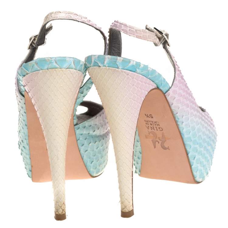 Pre Owned Gina Multicolor Python Leather Peep Toe Slingback Sandals Size 38.5