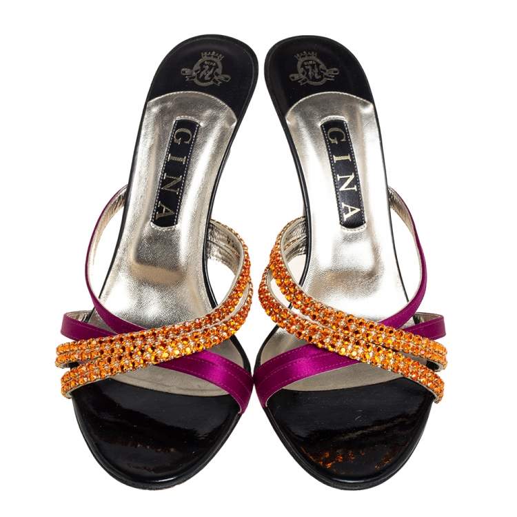 Pre Owned Gina Multicolor Satin And Leather Crystal Embellished Cross Sandals Size 40.5