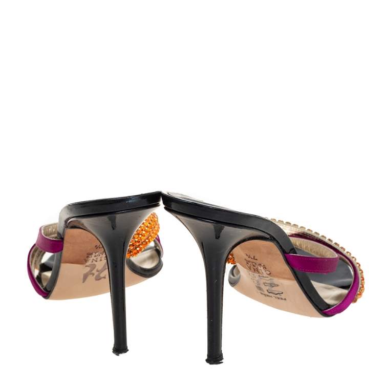 Pre Owned Gina Multicolor Satin And Leather Crystal Embellished Cross Sandals Size 40.5