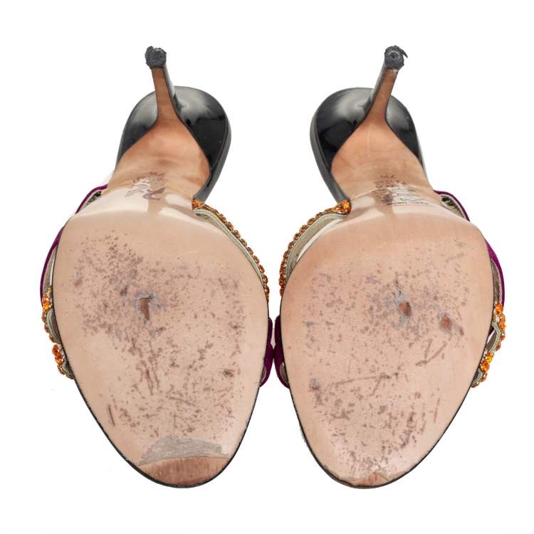 Pre Owned Gina Multicolor Satin And Leather Crystal Embellished Cross Sandals Size 40.5