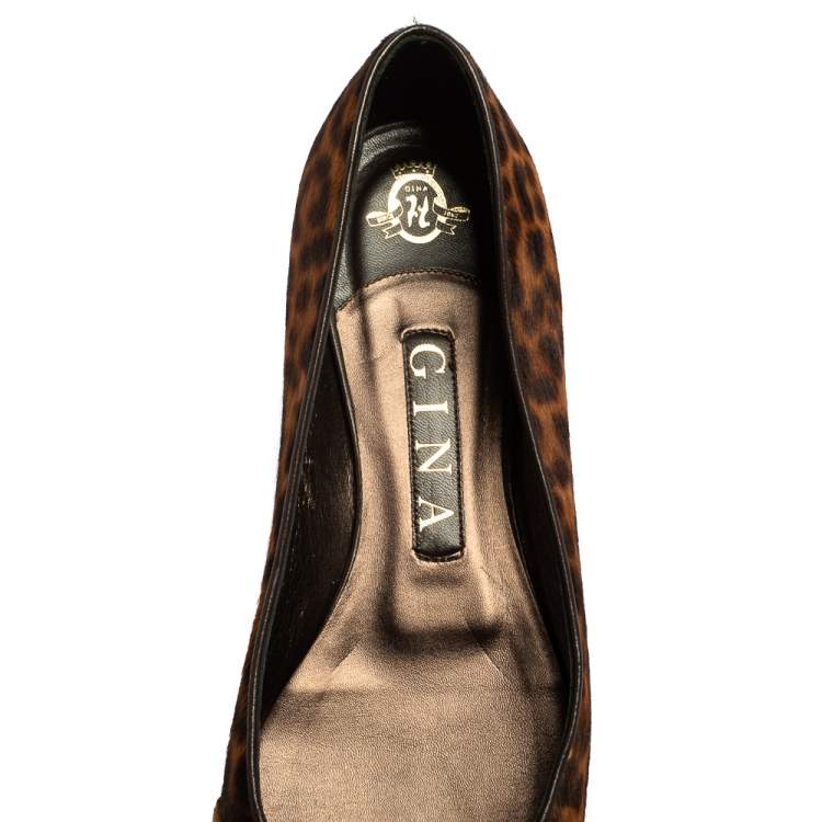 Pre Owned Gina Brown Leopard Print Fur And Leather Ballet Flats Size 38.5