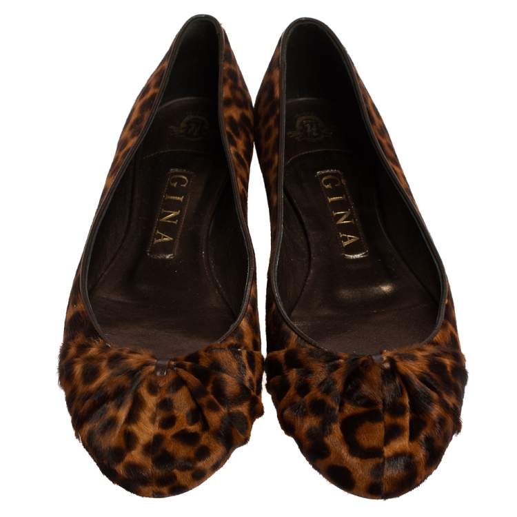 Pre Owned Gina Brown Leopard Print Fur And Leather Ballet Flats Size 38.5