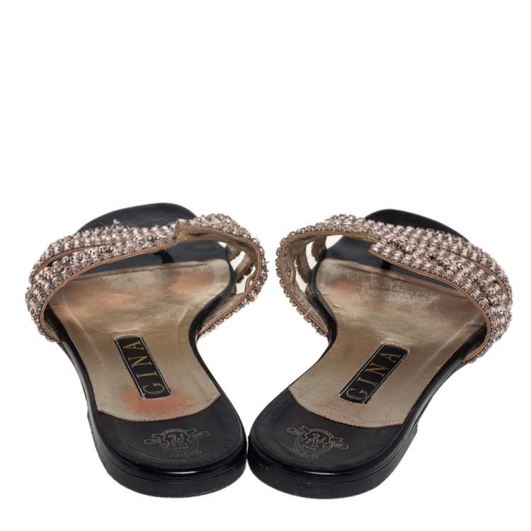 Pre Owned Gina Rose Gold Leather Embellished Sandals Size 38.5