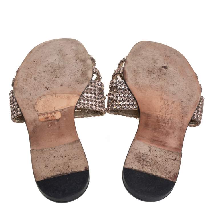 Pre Owned Gina Rose Gold Leather Embellished Sandals Size 38.5