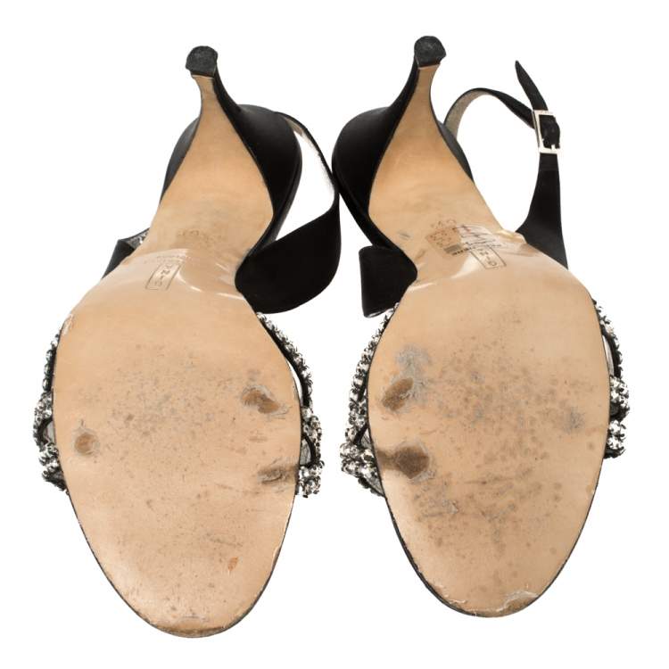 Pre Owned Gina Black Satin Crystal Embellished Slingback Sandals Size 39.5