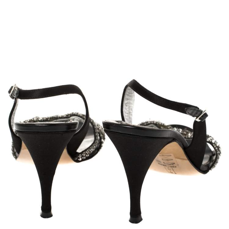 Pre Owned Gina Black Satin Crystal Embellished Slingback Sandals Size 39.5