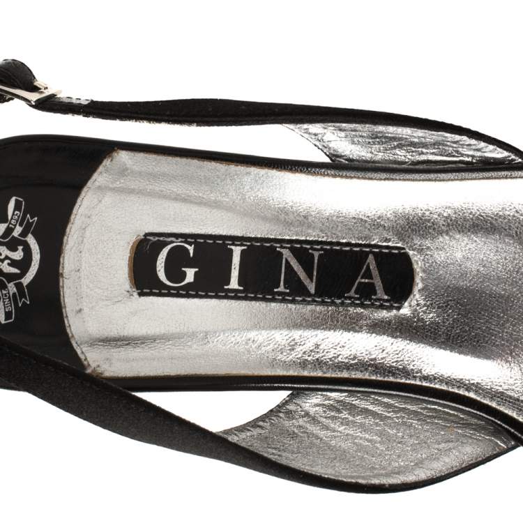 Pre Owned Gina Black Satin Crystal Embellished Slingback Sandals Size 39.5