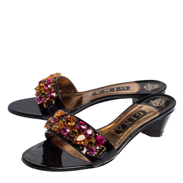 Pre Owned Gina Black Patent Leather Crystal Embellished Mule Sandals Size 38