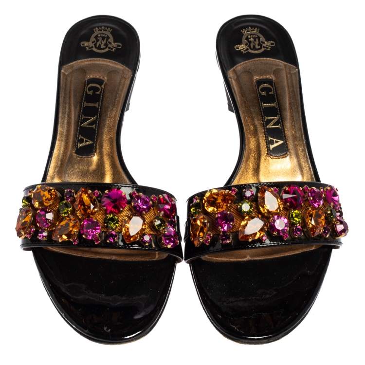 Pre Owned Gina Black Patent Leather Crystal Embellished Mule Sandals Size 38