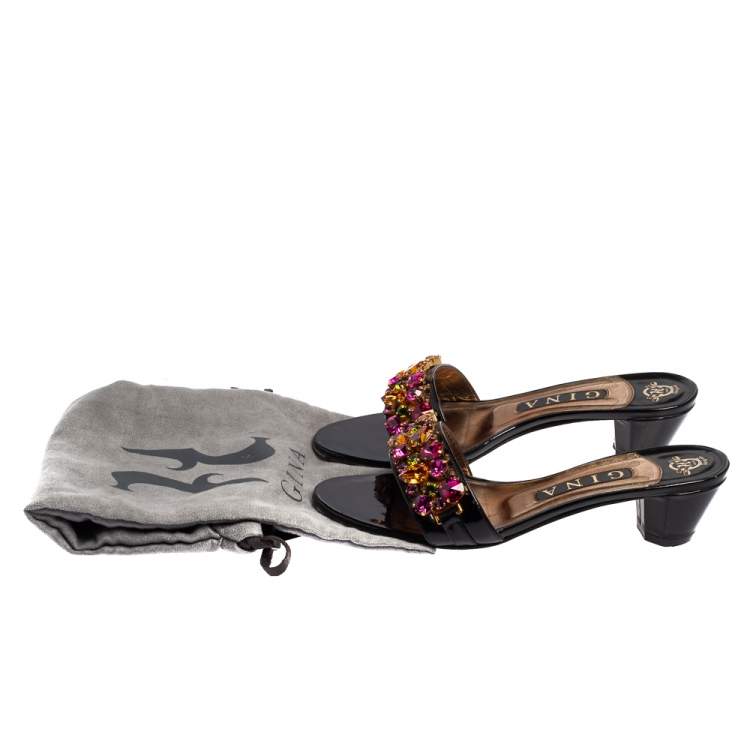 Pre Owned Gina Black Patent Leather Crystal Embellished Mule Sandals Size 38