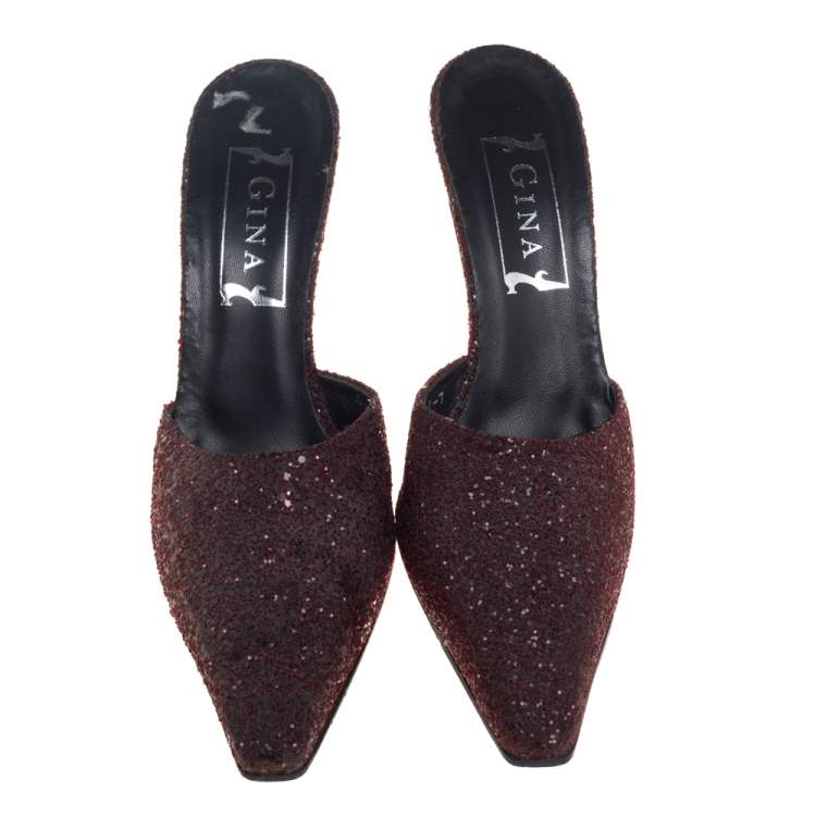 Pre Owned Gina Dark Burgundy Glitter Mule Sandals Size 40