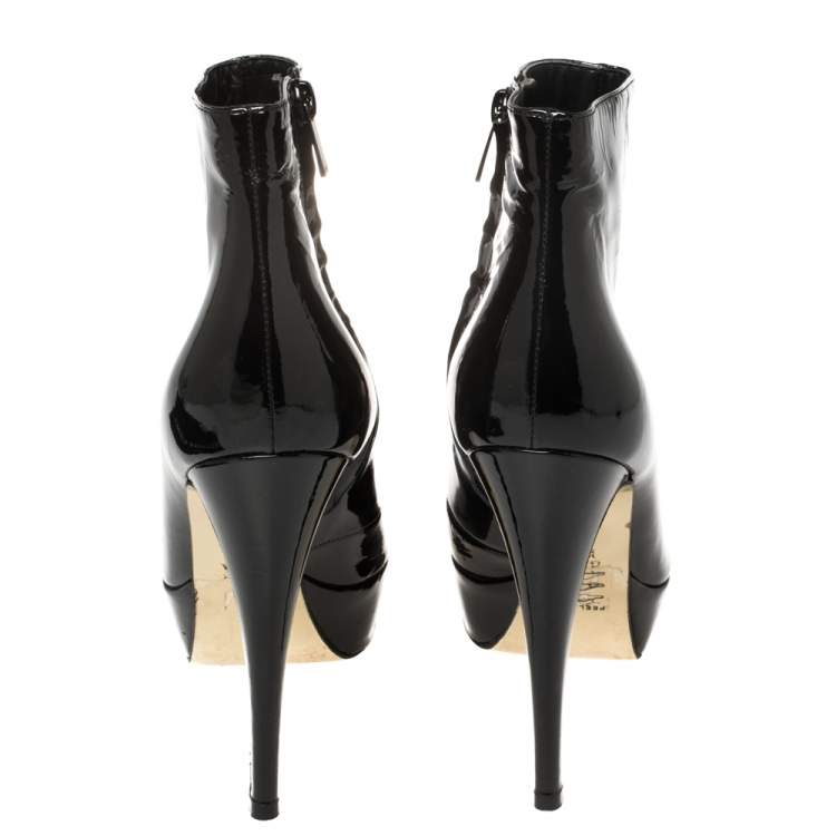 Pre Owned Gina Black Patent Leather Platform Booties Size 38