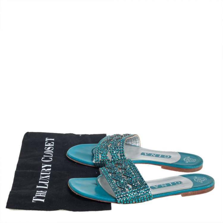 Pre Owned Gina Blue Leather Embellished Flat Sandals Size 39