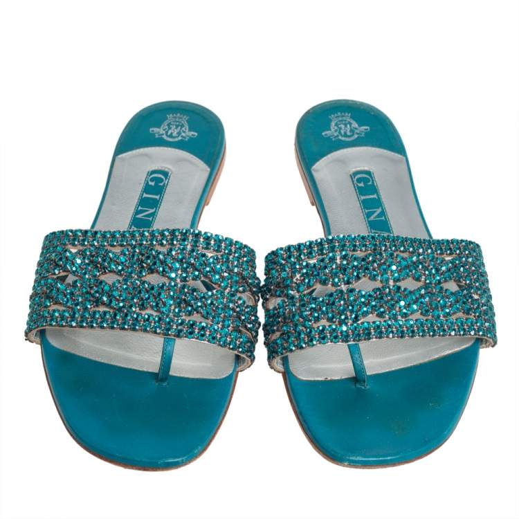 Pre Owned Gina Blue Leather Embellished Flat Sandals Size 39