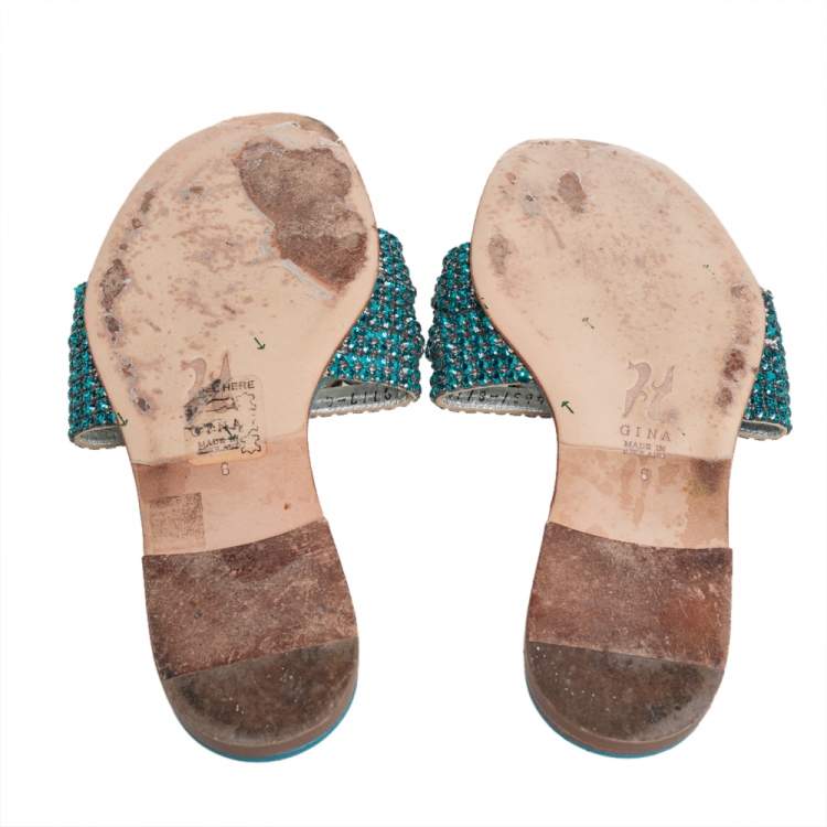 Pre Owned Gina Blue Leather Embellished Flat Sandals Size 39