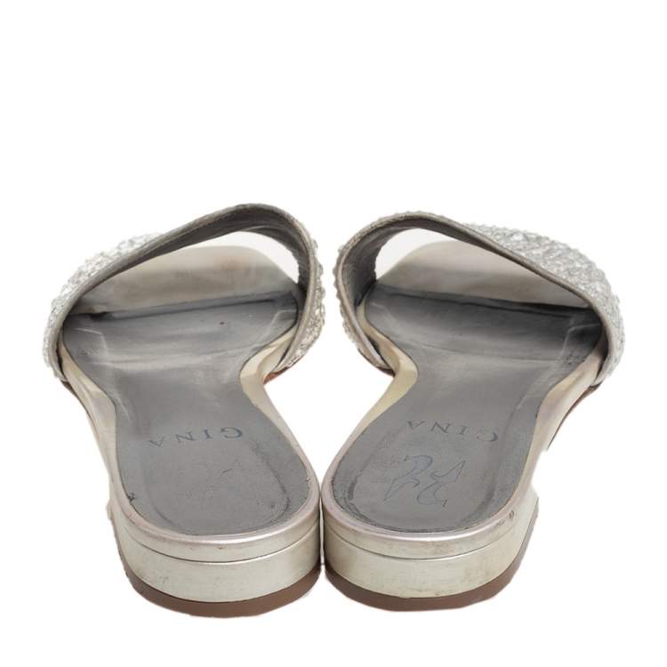 Pre Owned Gina Grey Leather Crystal Embellished Slide Sandals Size 37.5