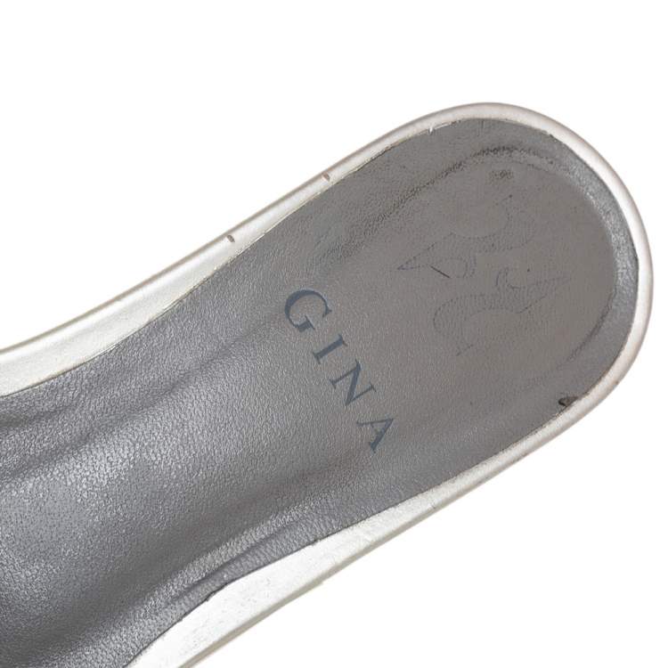 Pre Owned Gina Grey Leather Crystal Embellished Slide Sandals Size 37.5