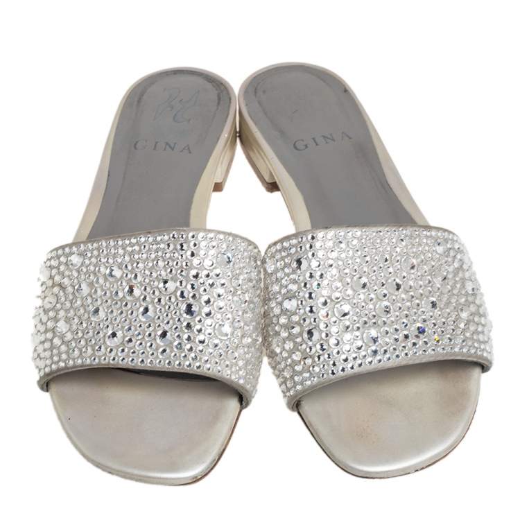 Pre Owned Gina Grey Leather Crystal Embellished Slide Sandals Size 37.5