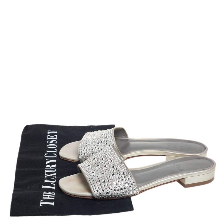 Pre Owned Gina Grey Leather Crystal Embellished Slide Sandals Size 37.5