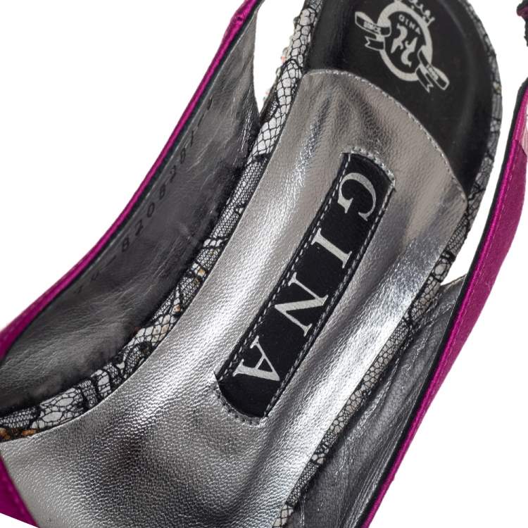 Pre Owned Gina Purple Satin Embellished Heel Peep Toe Platform Pumps Size 39