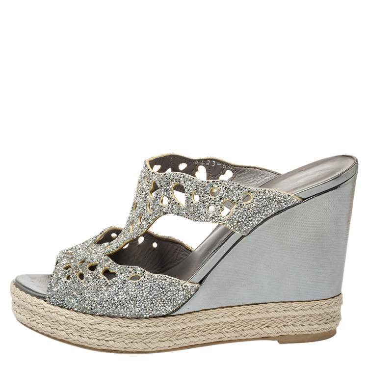 Pre Owned Gina Silver Glitter Wedge Platform Sandals Size 38