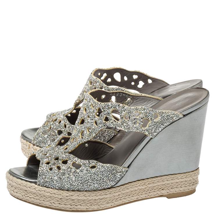 Pre Owned Gina Silver Glitter Wedge Platform Sandals Size 38