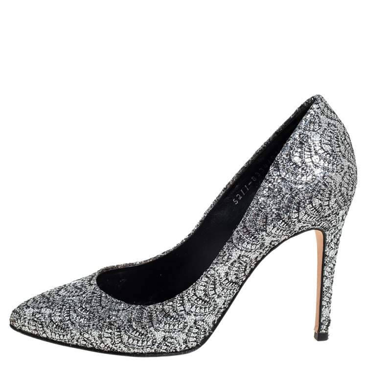 Pre Owned Gina Metallic Silver Lurex And Glitter Slip On Pumps Size 38.5