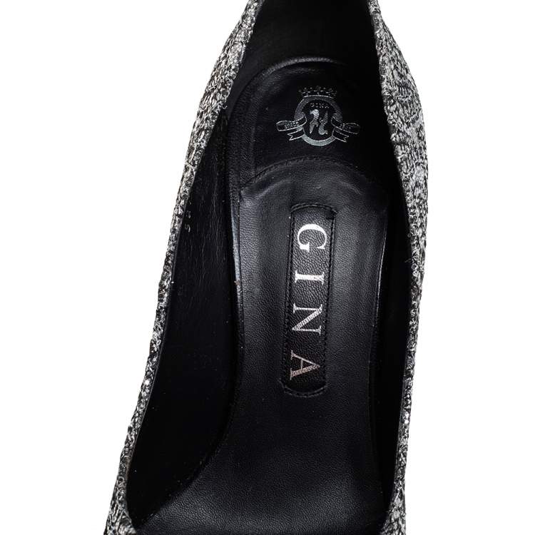 Pre Owned Gina Metallic Silver Lurex And Glitter Slip On Pumps Size 38.5