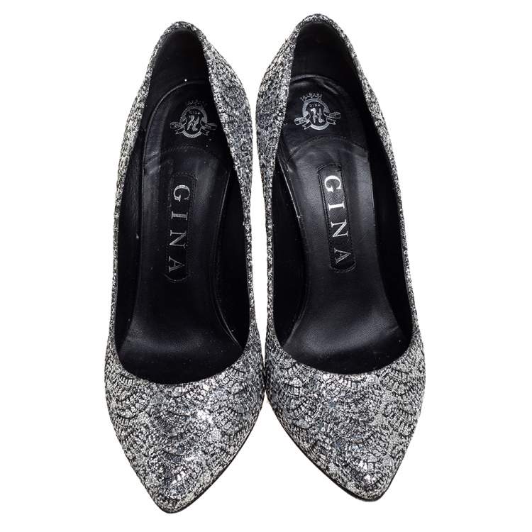 Pre Owned Gina Metallic Silver Lurex And Glitter Slip On Pumps Size 38.5