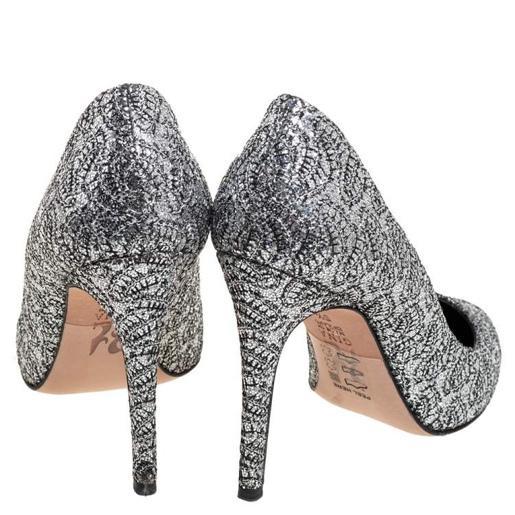 Pre Owned Gina Metallic Silver Lurex And Glitter Slip On Pumps Size 38.5