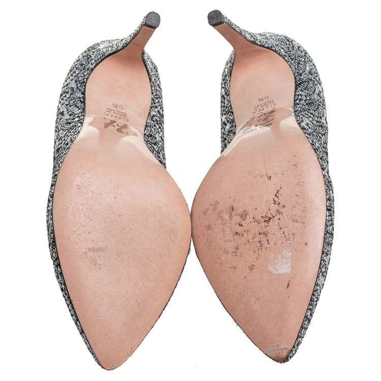 Pre Owned Gina Metallic Silver Lurex And Glitter Slip On Pumps Size 38.5