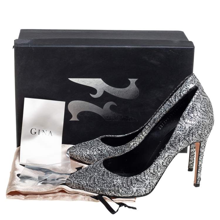 Pre Owned Gina Metallic Silver Lurex And Glitter Slip On Pumps Size 38.5