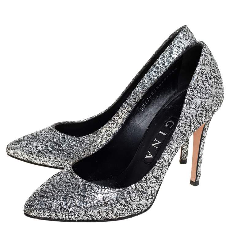 Pre Owned Gina Metallic Silver Lurex And Glitter Slip On Pumps Size 38.5
