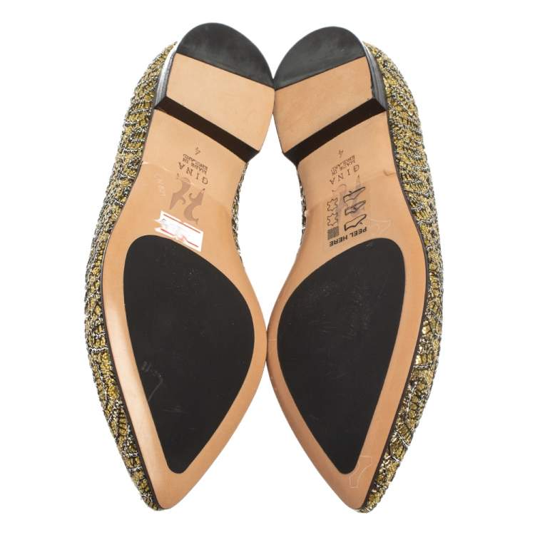 Pre Owned Gina Metallic Yellow Glitter Pointed Toe Ballet Flats Size 37