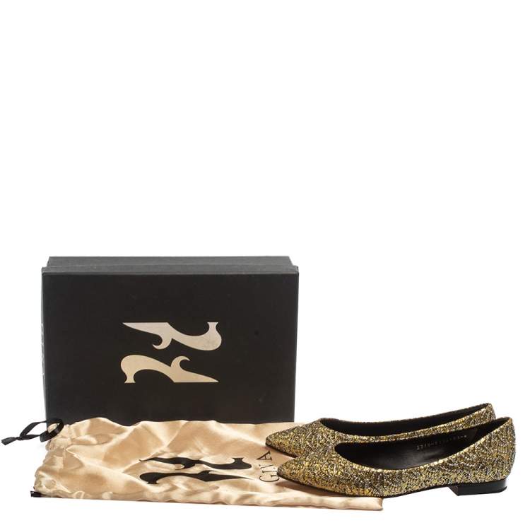 Pre Owned Gina Metallic Yellow Glitter Pointed Toe Ballet Flats Size 37