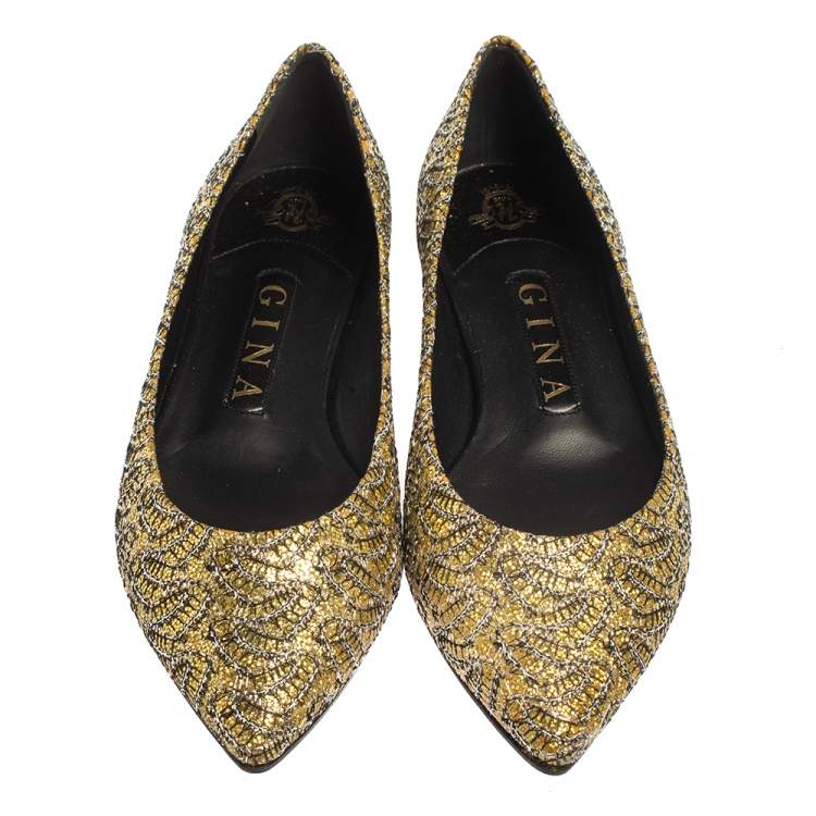 Pre Owned Gina Metallic Yellow Glitter Pointed Toe Ballet Flats Size 37