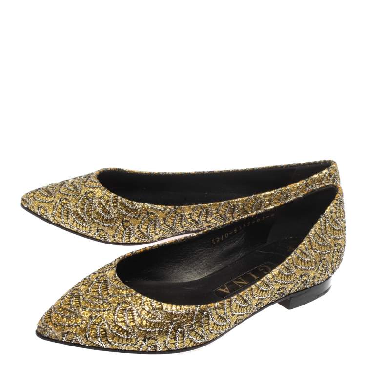 Pre Owned Gina Metallic Yellow Glitter Pointed Toe Ballet Flats Size 37