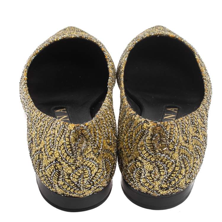 Pre Owned Gina Metallic Yellow Glitter Pointed Toe Ballet Flats Size 37