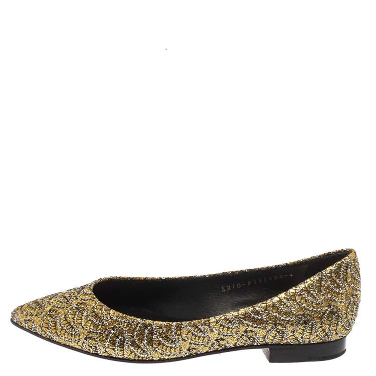 Pre Owned Gina Metallic Yellow Glitter Pointed Toe Ballet Flats Size 37