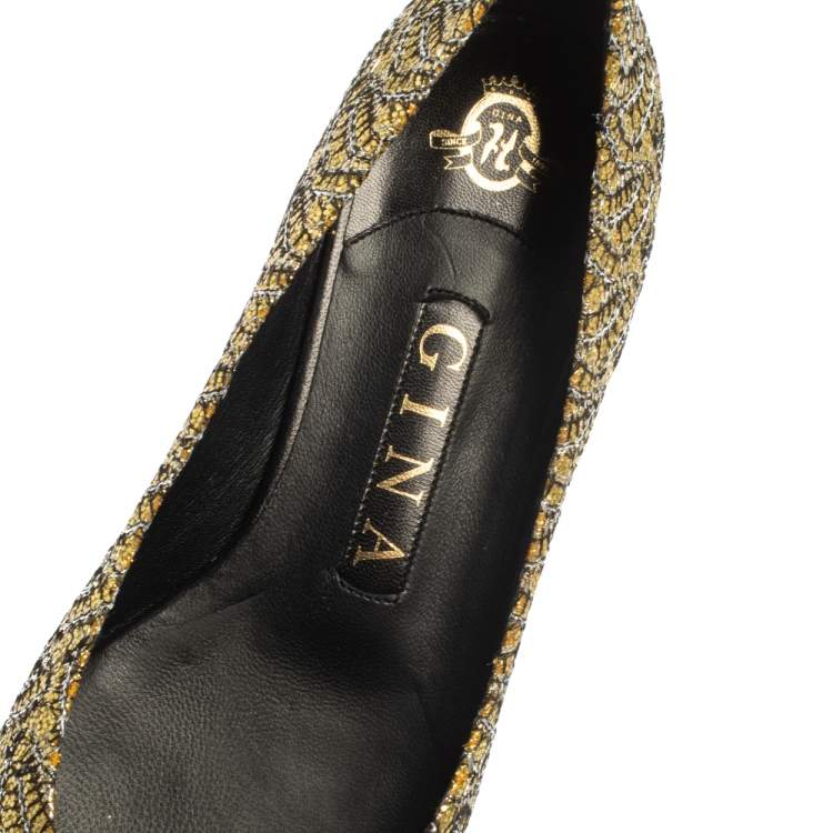 Pre Owned Gina Metallic Yellow Glitter Pointed Toe Ballet Flats Size 37