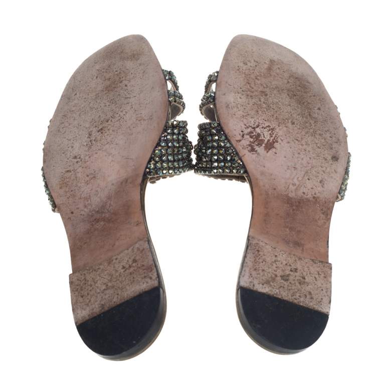 Pre Owned Gina Metallic Green Leather Crystal Embellished Flats Size 41