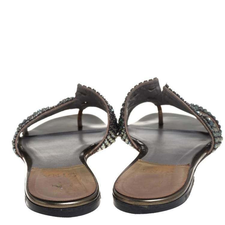 Pre Owned Gina Metallic Green Leather Crystal Embellished Flats Size 41