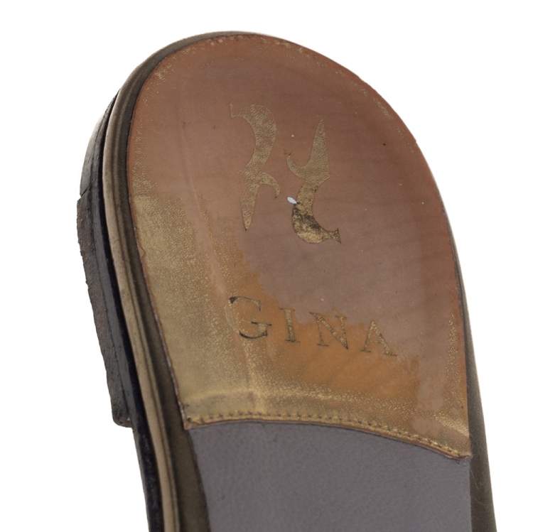 Pre Owned Gina Metallic Green Leather Crystal Embellished Flats Size 41