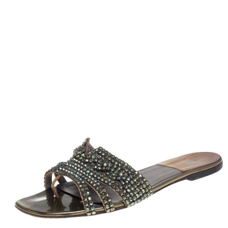 Pre Owned Gina Metallic Green Leather Crystal Embellished Flats Size 41