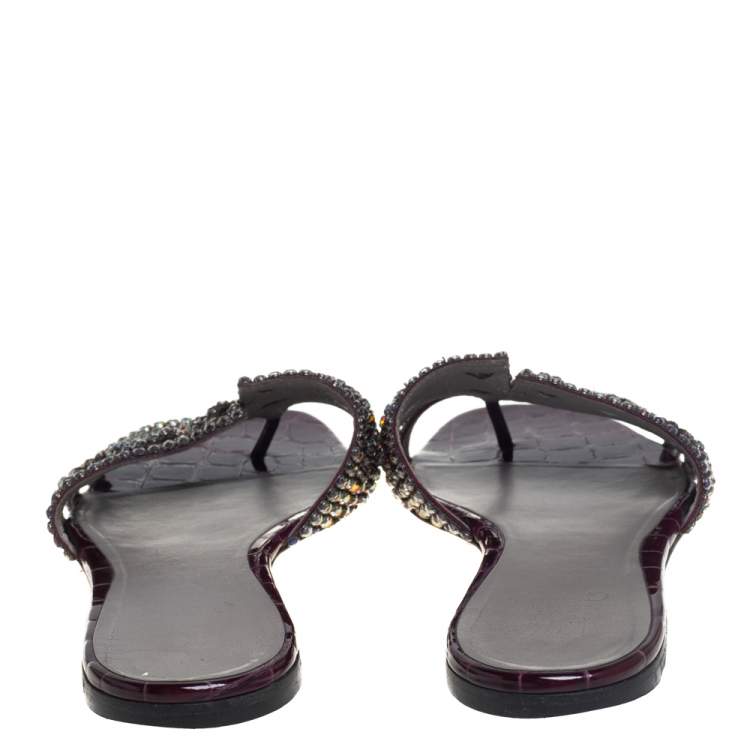 Pre Owned Gina Purple Leather Crystal Embellished Loren Flat Sandals Size 40