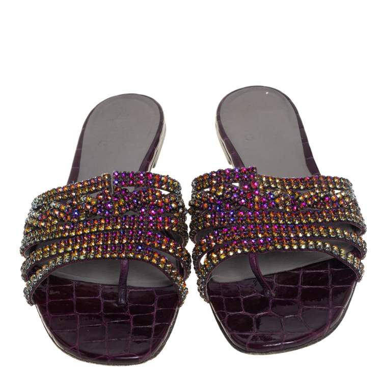 Pre Owned Gina Purple Leather Crystal Embellished Loren Flat Sandals Size 40
